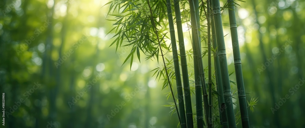 Fototapeta premium Abstract Green Asian Bamboo forest scene with shallow depth of field, highlighting summer, nature, and wooden tree elements in a creative design
