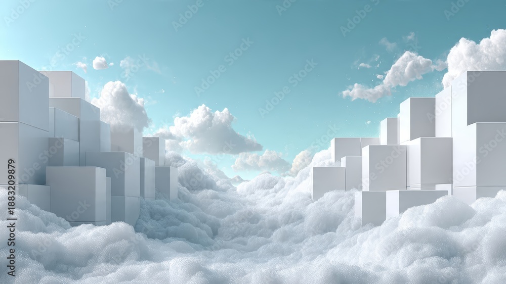 Fototapeta premium Abstract winter set design of white geometric cubes rising from fluffy snow and clouds under blue sky, minimal 3d render background for seasonal banner, poster, presentation template