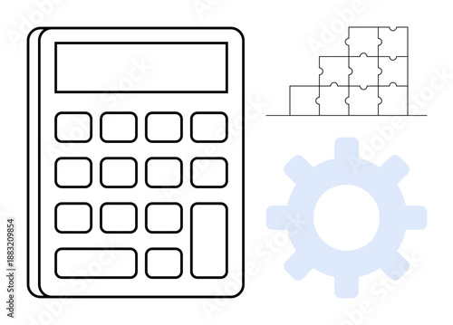Problem-solving concept. Problem-solving with a calculator, puzzle pieces, and gear symbol to calculation, analysis, and optimization. Useful for business, education and operations. mathematics