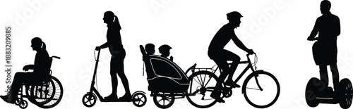 Black silhouettes of diverse people using inclusive mobility including wheelchair bicycle with child trailer electric scooter and segway isolated on white background