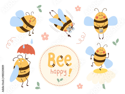 Wallpaper Mural Collection of cute bee characters in different poses. Bee holds honey bucket, bee with umbrella, with binoculars and dancing on flower. Funny kids illustrations for  nursery decor, learning or clothes Torontodigital.ca