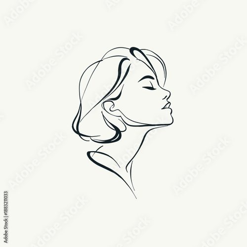 Minimalist line art illustration of an elegant female profile, modern portrait with clean lines and soft expression