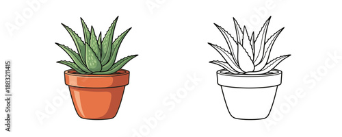 Aloe vera medicinal succulent in brown terracotta pot cartoon style with spiky green leaves for home interior decoration and botanical design isolated on white background