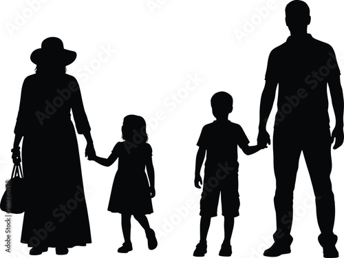 Full body silhouette of a happy family with two children holding hands and walking together isolated on white background for travelFull body silhouette of a happy family with two children holding