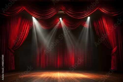 Vintage circus stage with red curtain, carnival lights, and spotlight in a 3D cartoon style