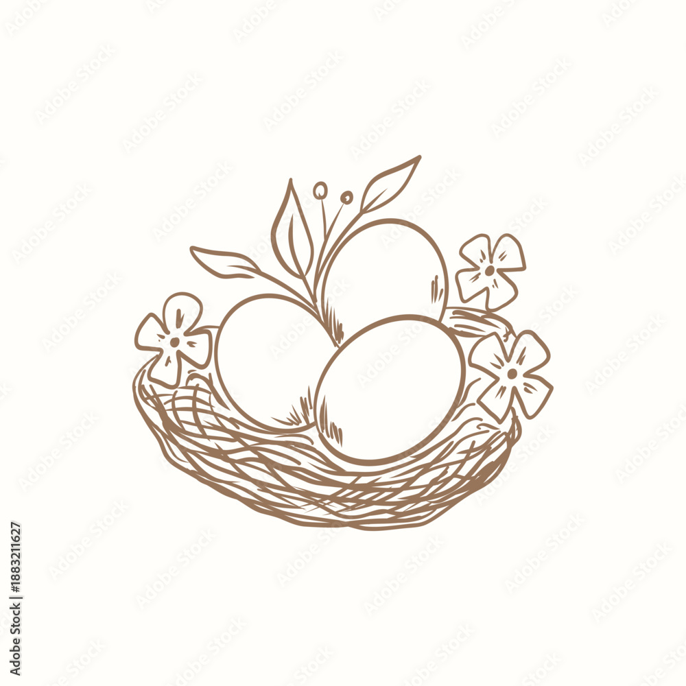 Obraz premium Easter eggs in a nest with flowers and leaves. Hand drawn vector line art clipart
