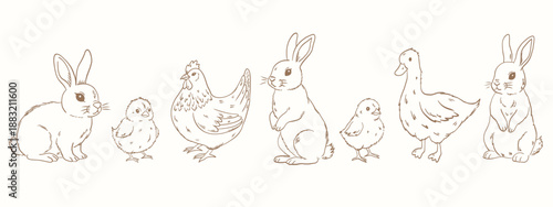 Cute easter bunnies and chickens. Cute Spring and Easter Drawing. Village rustic doodle sketch style.