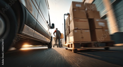 A delivery driver maneuvers a cart full of cardboard boxes near a van on a street