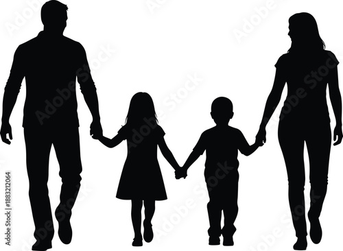 Silhouette of a happy family with two children holding hands and walking together isolated on white background for unity and togetherness