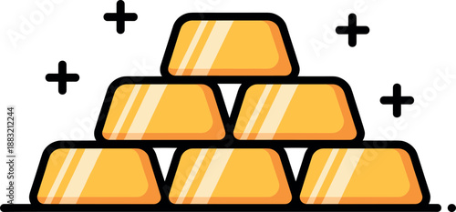 Vector illustration featuring a pyramid stack of shiny gold bars with sparkle accents for finance and wealth concepts
