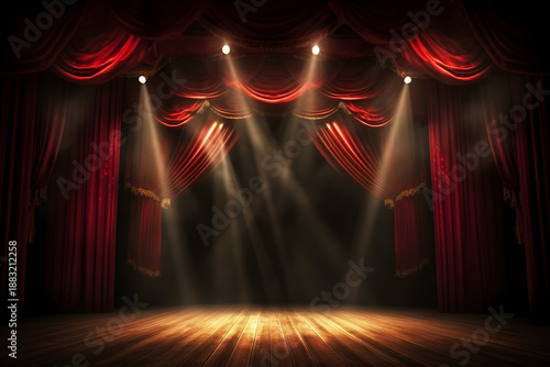 Vintage circus stage with red curtain, carnival lights, and spotlight in a 3D cartoon style