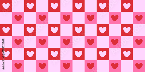 Valentines Day checkered seamless pattern with red and pink hearts, trendy minimalist cover, repeating love romantic wallpaper background