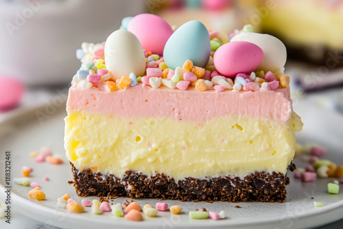 A vibrant layered dessert featuring creamy yellow and pink layers topped with pastel candies and chocolate crust, perfect for Easter celebrations.