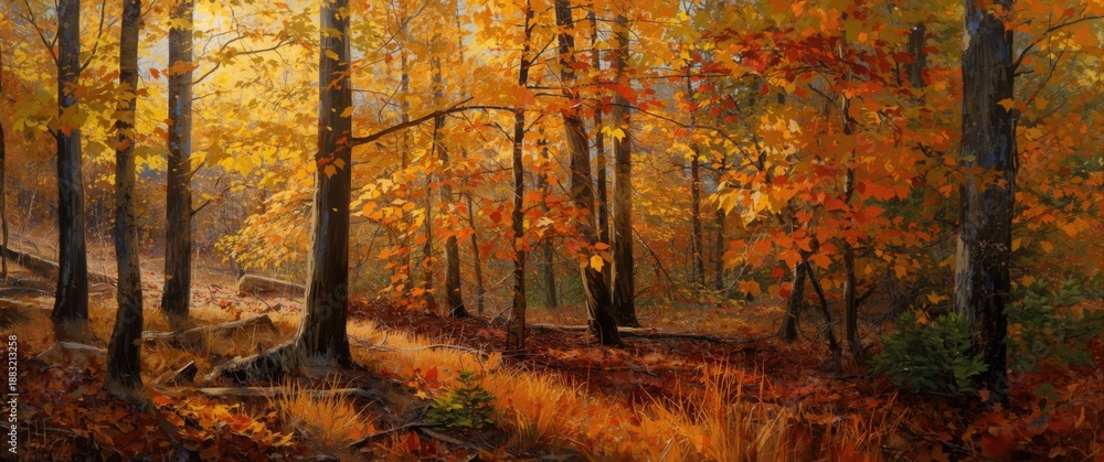 Obraz premium Canvas artwork of a woodland in autumn in oil paint