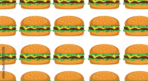 Vector illustration featuring a seamless repeating pattern of gourmet cheeseburgers with sesame buns lettuce and melted cheese