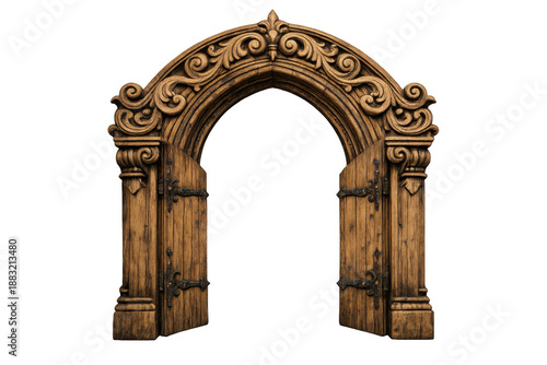 Ornate gothic archway with open wooden gates revealing a path to mystery or opportunity, transparent background