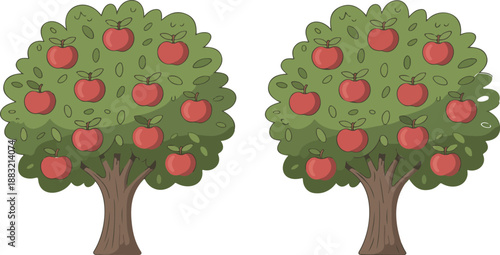 Apple Trees in Orchard – Cartoon Illustration of Red Fruits and Green Leaves