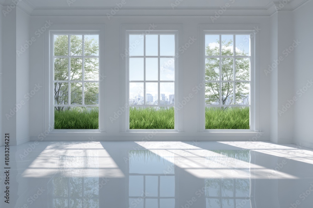 Fototapeta premium Bright, minimalist white room with three tall windows, sunlight, and a cityscape view