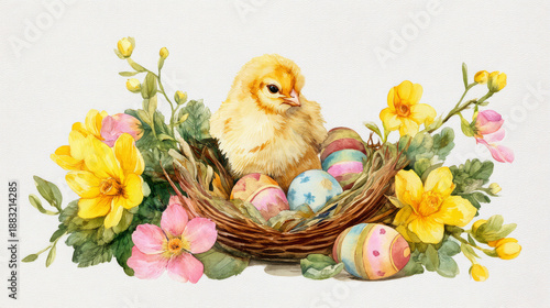 A fluffy yellow chick sits in a nest with colorful Easter eggs, surrounded by bright yellow and pink spring flowers in a beautiful watercolor illustration. Generative AI