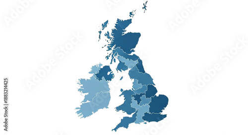 UK map in varying shades of blue for educational visualization  