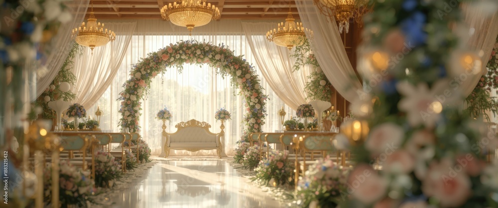 Obraz premium Wedding venue in oriental style decorated with fresh flowers, chandeliers, and a white bench for the ceremony