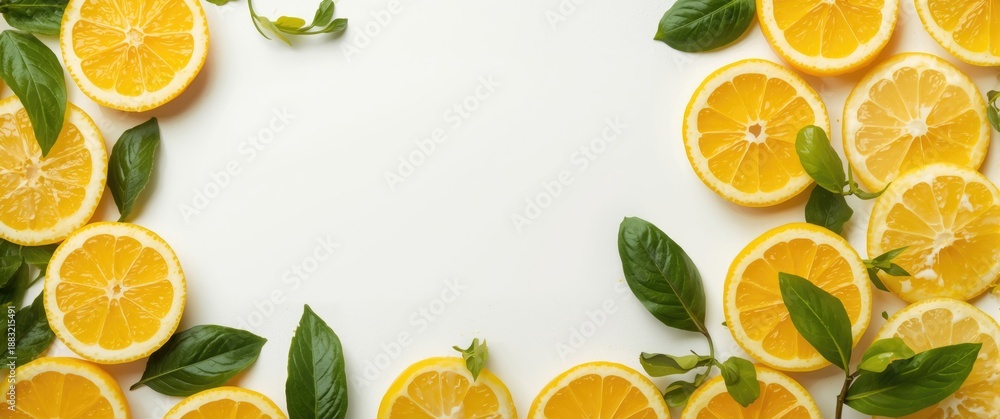 Naklejka premium Fresh lemon slices with leaves on white background and blank area for text