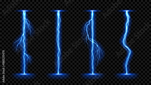 Set of vertical glowing lightning bolts. Collection of realistic effect of bright electric discharge of blue lightning isolated on checkered background. Vector illustration of bright thunderstorms.