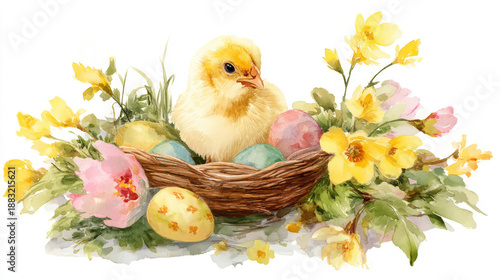 A fluffy yellow chick sits in a nest with colorful Easter eggs, surrounded by bright yellow and pink spring flowers in a beautiful watercolor illustration. Generative AI
