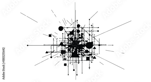 Abstract network of geometric shapes and lines radiating outwards on a white background.