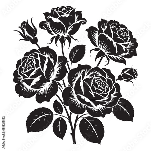 Black and white bouquet of roses with leaves