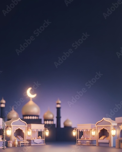 Night Pastel Ramadan Poster Background with Glowing Moon and Lanterns
