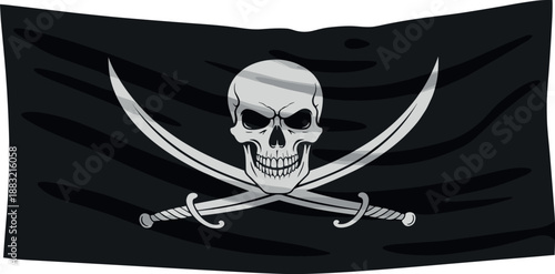 Vector illustration featuring a waving black pirate flag with skull and crossed cutlass swords for adventure themed designs