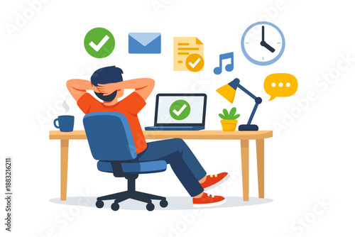 Man relaxing at desk after completing remote work tasks