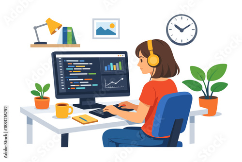 Woman programmer working from home with headphones and laptop