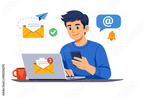 Man checking emails on laptop and smartphone with notifications