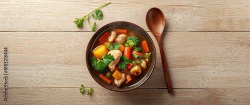 Chicken vegetable soup made at home seen from above