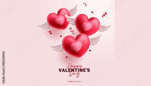 Three winged hearts with confetti and text 'Happy Valentine's Day', a charming representation of love and celebration