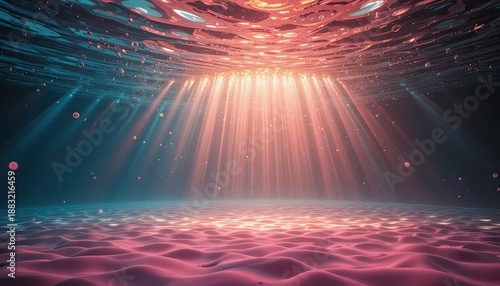 Stunning underwater scene with vibrant pink sand and sunbeams