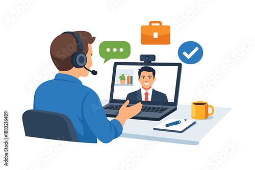 Man on video call for job interview with laptop and headset