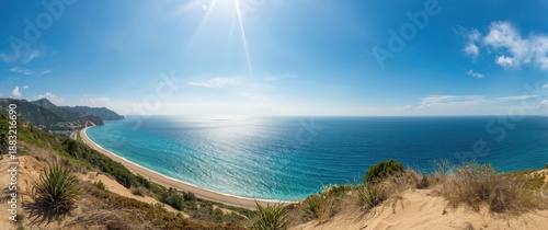 Coastal beauty of Sardinia with vibrant greenery and panoramic sea horizon, including water, sky, beach, summer, travel, nature, spring, landscape, sun