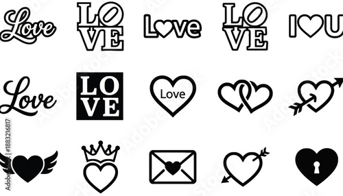 Collection of Black and White Icons Representing Love, Hearts, and Romance for Design Projects