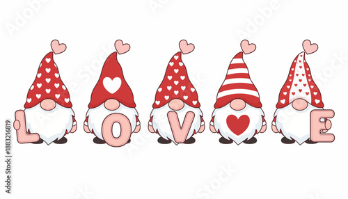 Cute Valentine's Day Gnomes spelling out 'LOVE' with hearts on their hats and as embellishments, perfect for holiday decorations and gifts