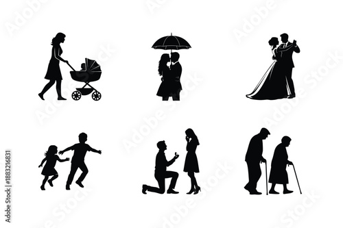 Family and Relationship Silhouette Bundle – Love, Family, Childhood ,Old Age Black Vector Set