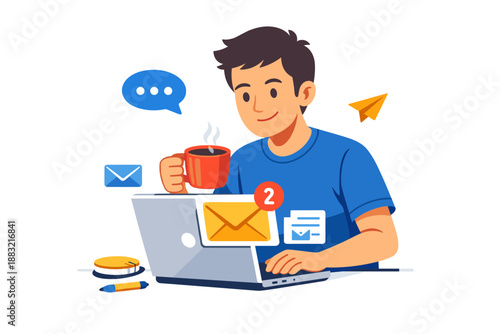 Man with coffee cup checks email notifications on laptop