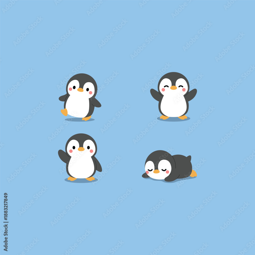 Fototapeta premium Cute kawaii penguin flat design style collection, vector illustration