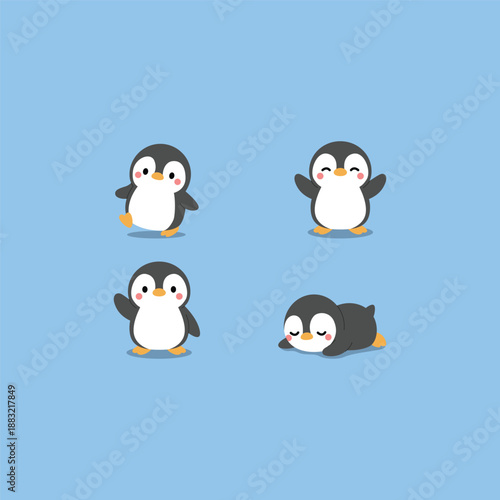 Cute kawaii penguin flat design style collection, vector illustration