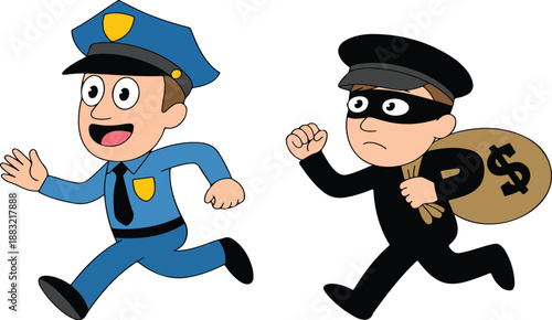 Police Officer and Thief Chasing Scene Vector Set – Robbery and Arrest in Progress