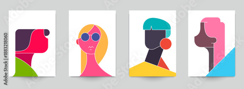 Abstract art poster, banner, card with silhouette woman. Set fashion portrait females in modern minimalist style. Vector illustration.