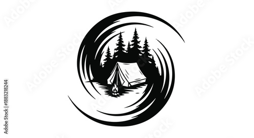 Cozy campsite nestled among pine trees with a swirling vortex effect