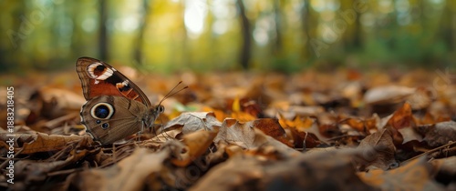 Dry leaves with a peacock's eye butterfly perched on them